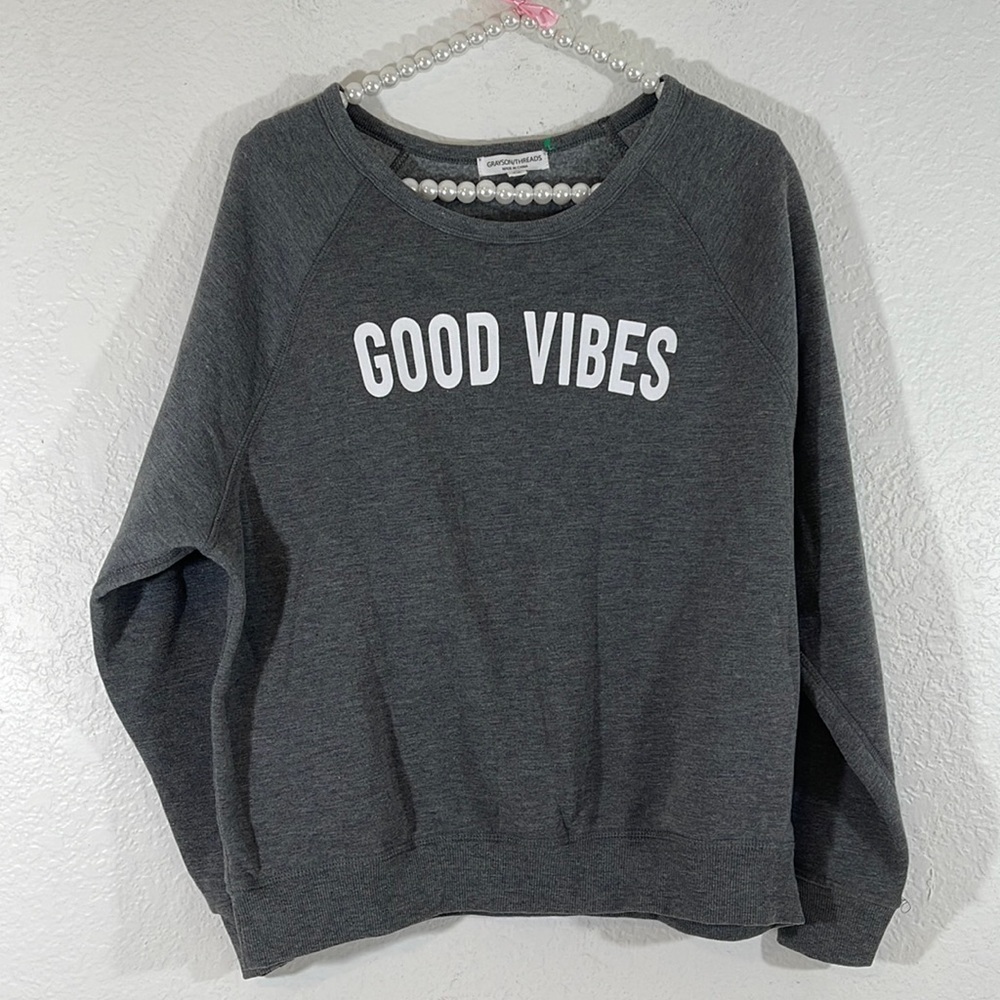 GRAYSON THREADS Good Vibes Graphic Sweatshirt Long Sleeve Gray Sweater Size M